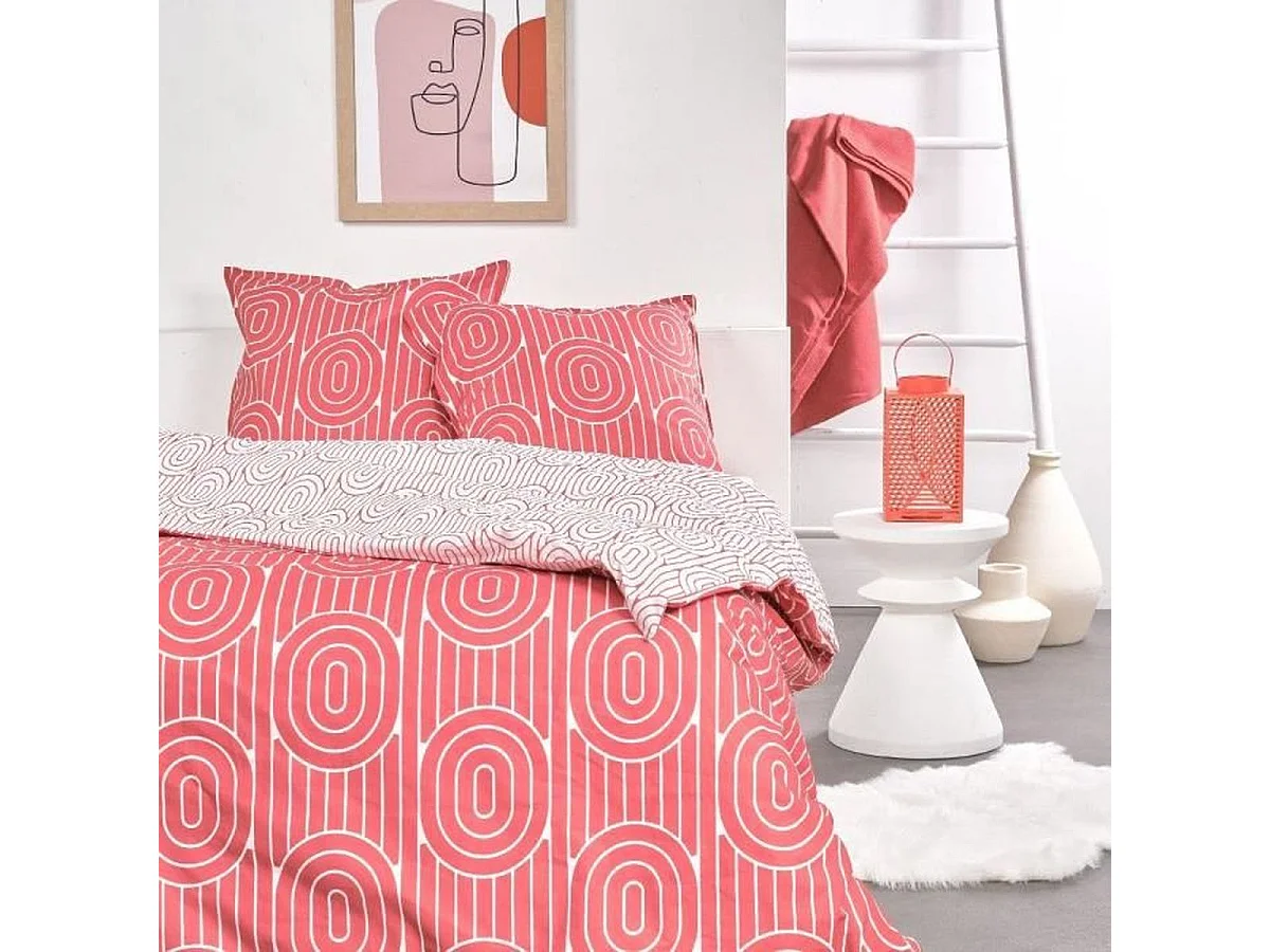 TODAY Sunshine - Housse de couette 220 x 240 cm réversible rouge corail avec 2 taies 63 x 63 cm