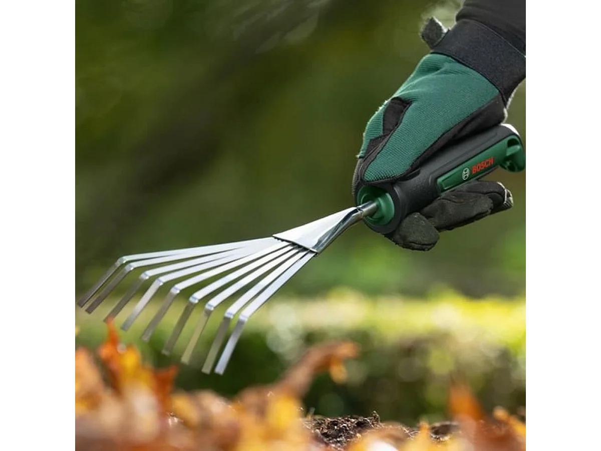 Râteau de jardin Bosch en acier inoxydable avec poignée ergonomique antidérapante, gris et noir