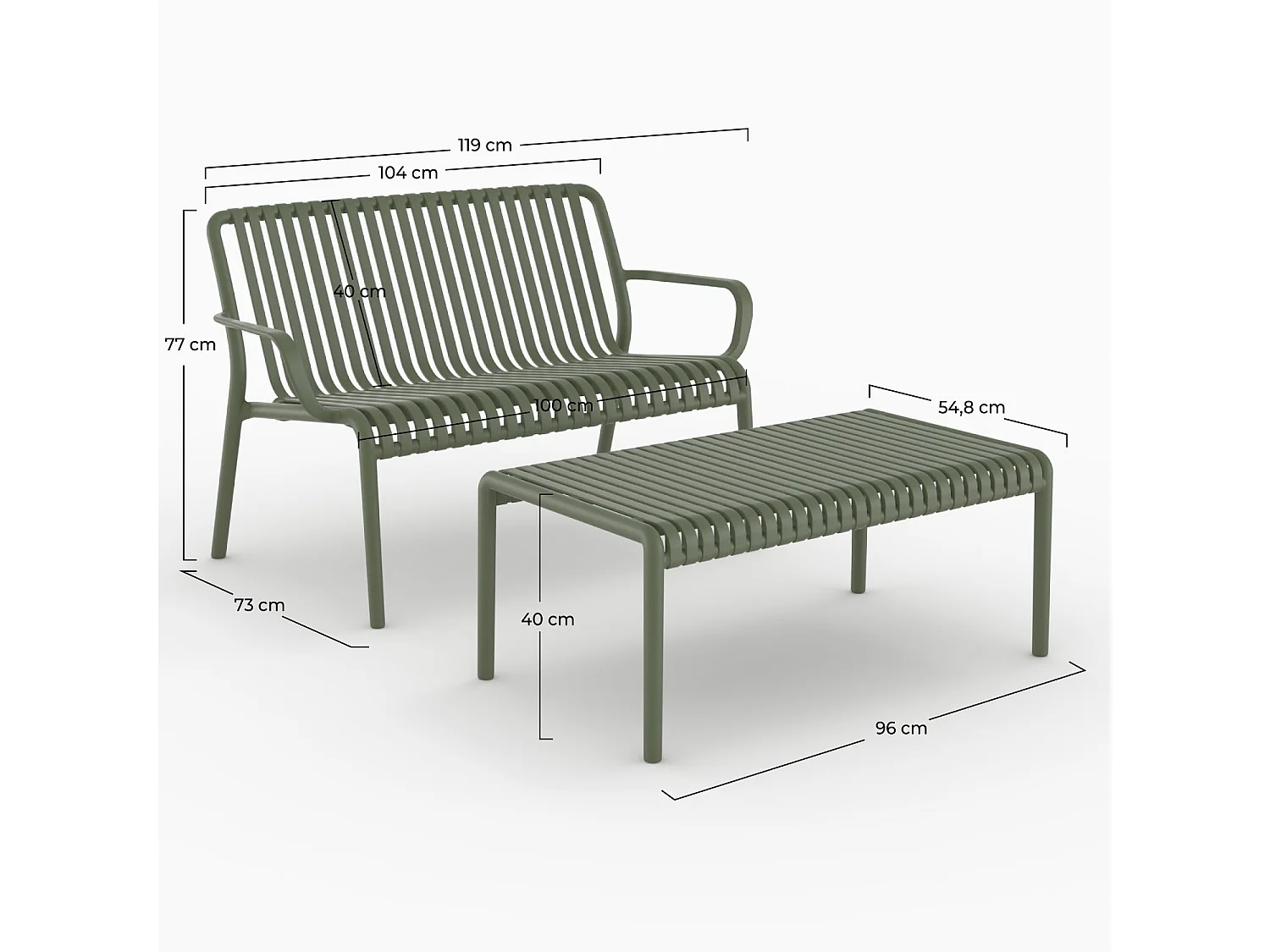 Set da giardino 2 posti in plastica verde kaki - Ivy