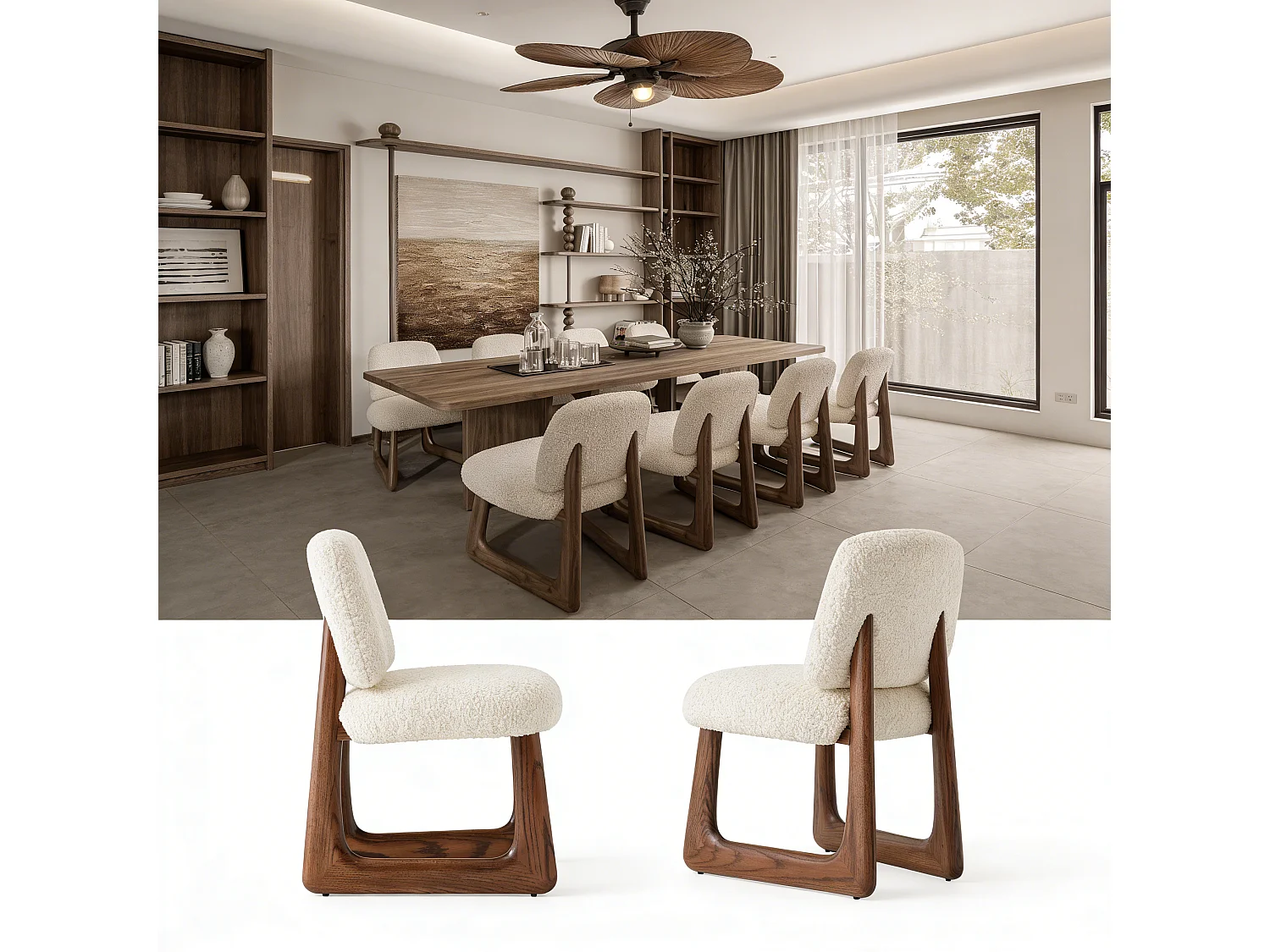 Lot de 2 chaises en tissu sherpa, pieds en bois massif, assise rembourrée haute densité, structure stable type luge, beige