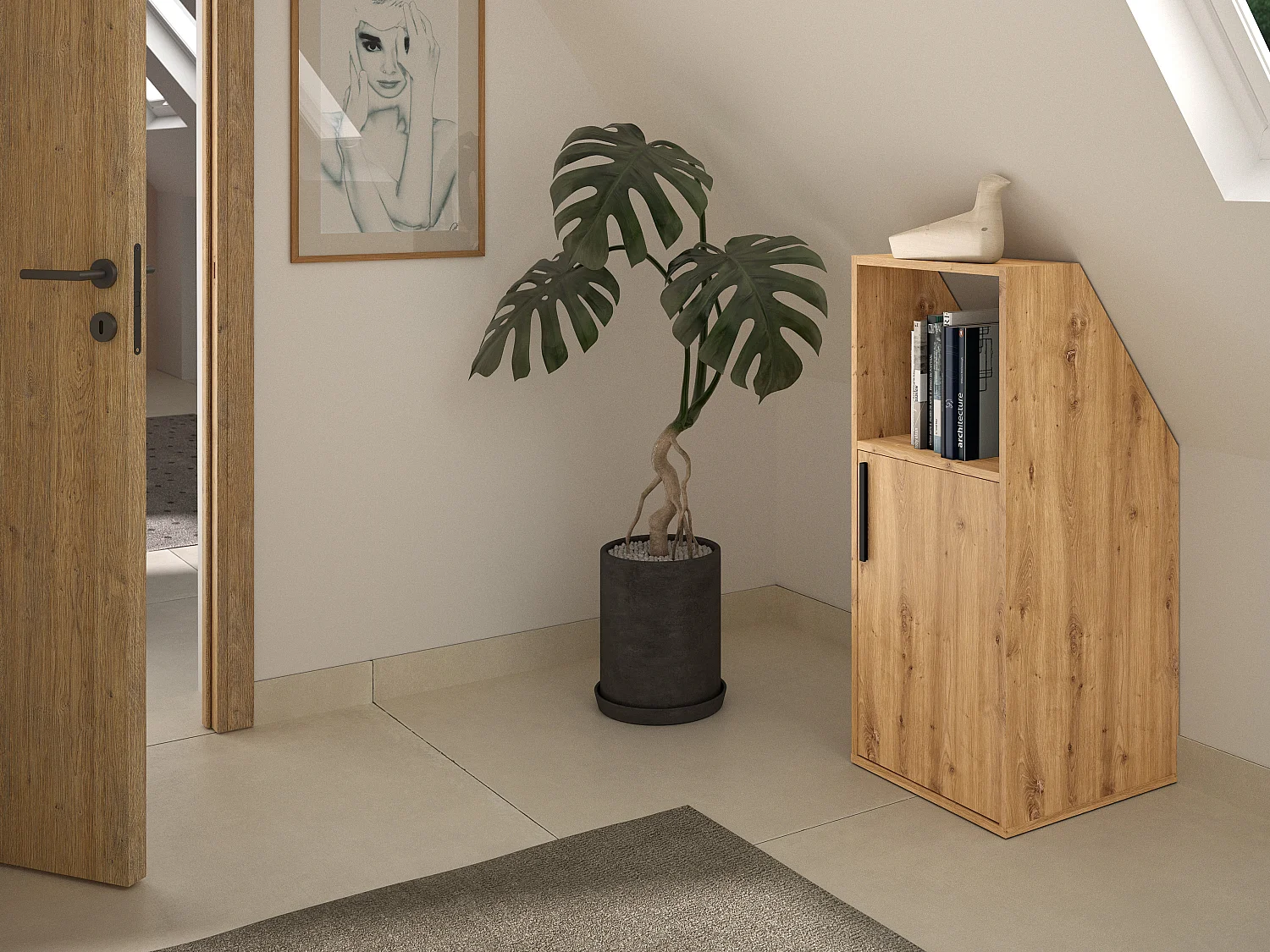 Meuble sous pente 1 porte et 1 niche - Coloris : Naturel - ADEZIO