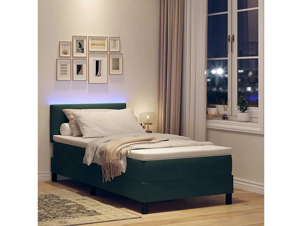 Lit à ressort avec LED vert foncé 100 x 200 cm en velours
