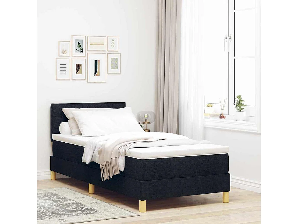 Lit à ressorts avec coussin Noir 90 x 190 cm tissu