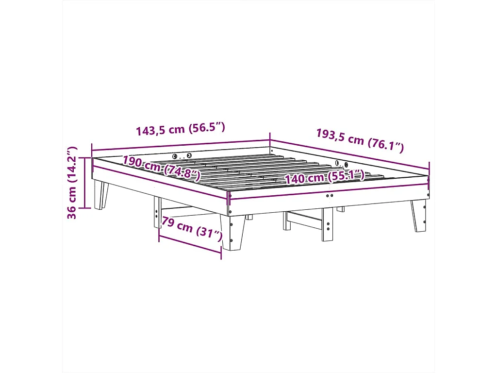 Cadre de lit sans matelas blanc 140 x 190 cm bois massif de pin