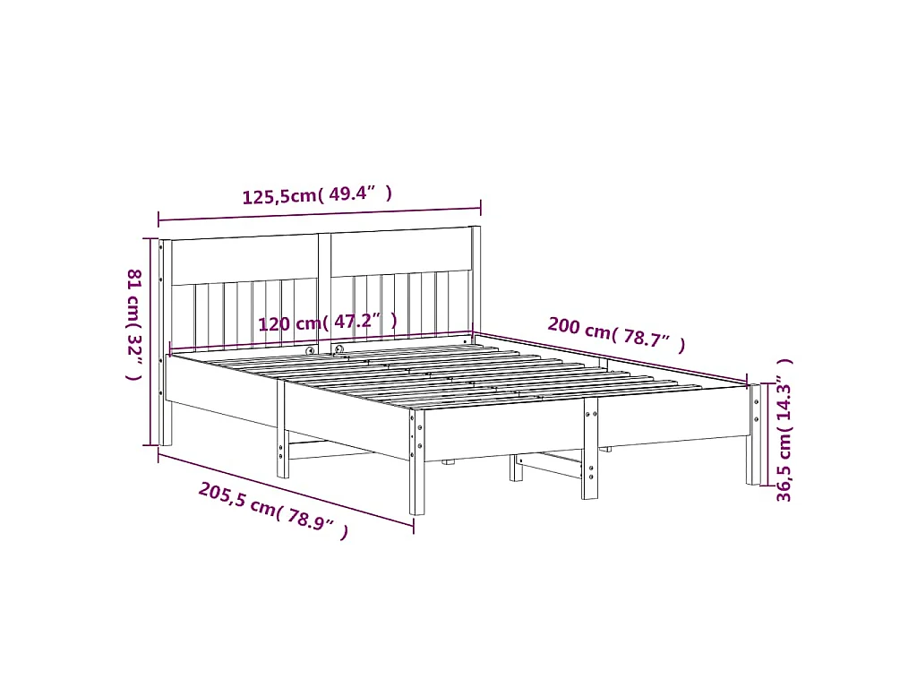 Cadre de lit sans matelas 120 x 200 cm en bois de pin massif
