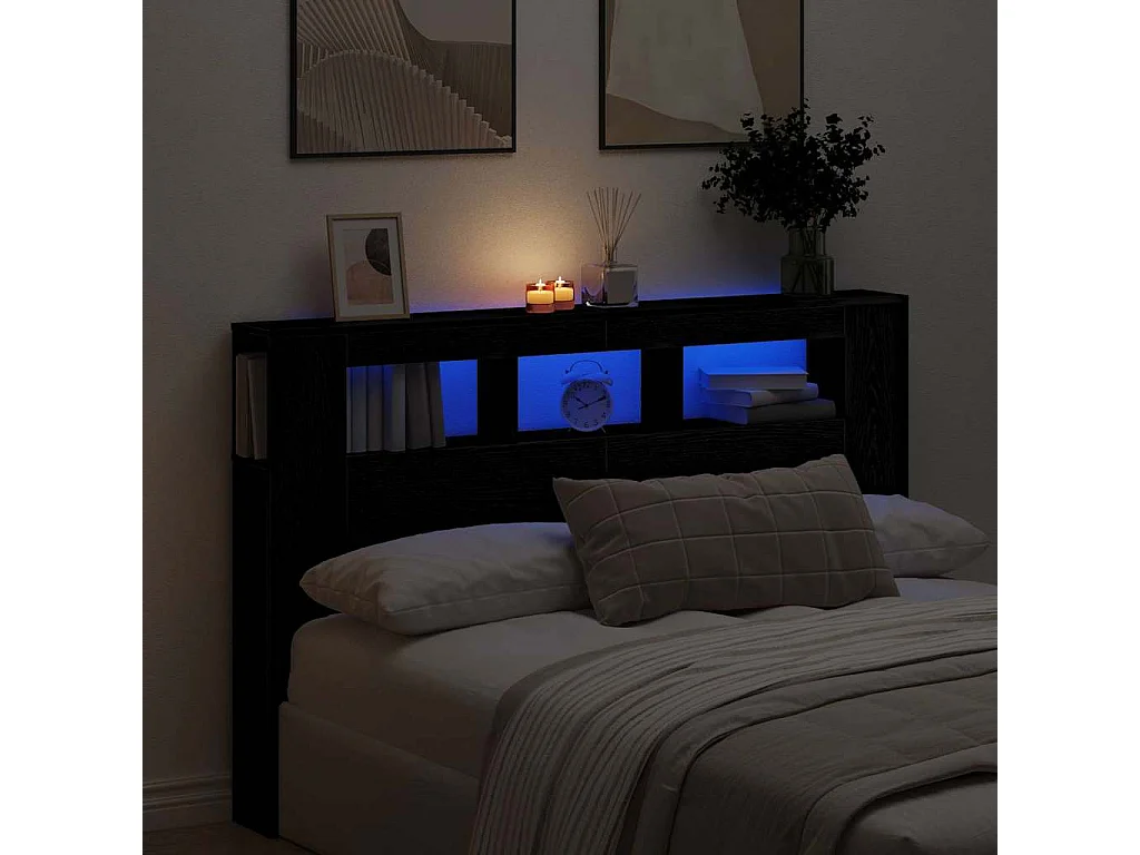 Tête de lit LED chêne noir en panneau de bois
