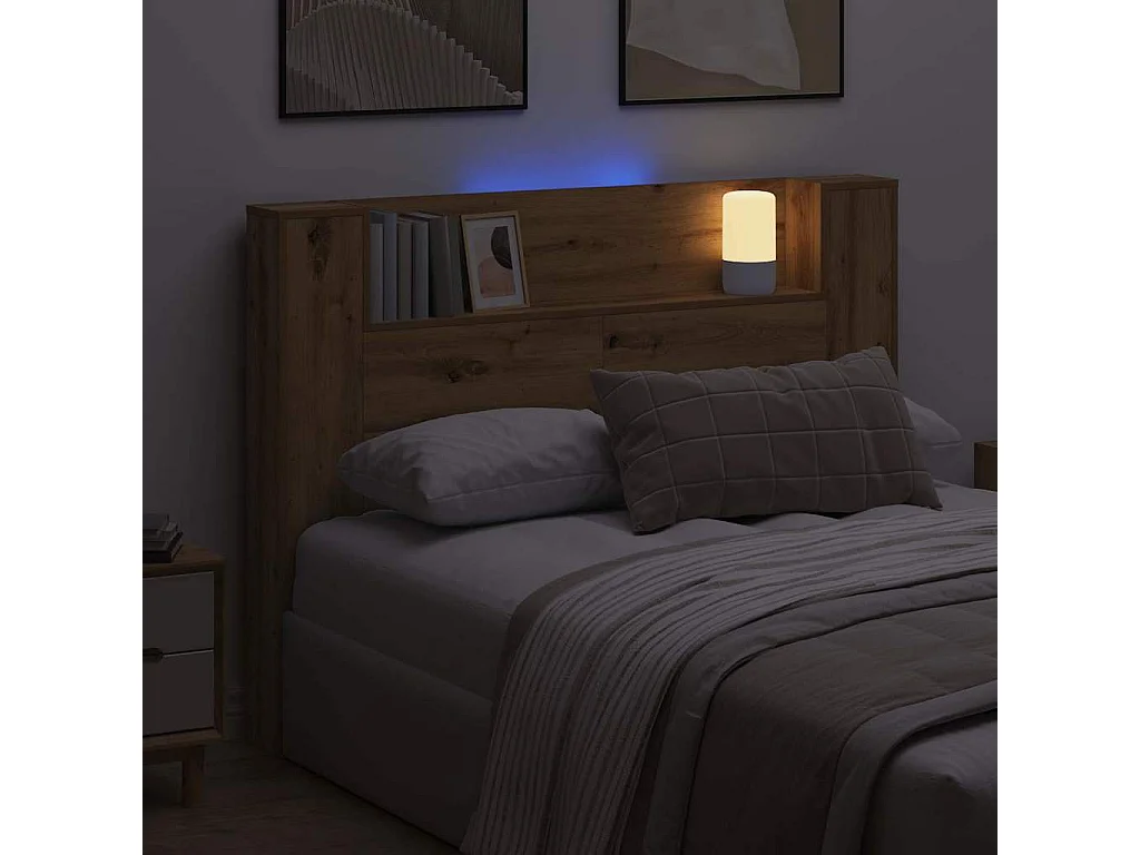 Tête de lit de rangement avec LED chêne artisanal