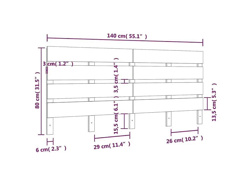 Cabecero de cama de madera maciza de pino 140 × 3 × 80 cm