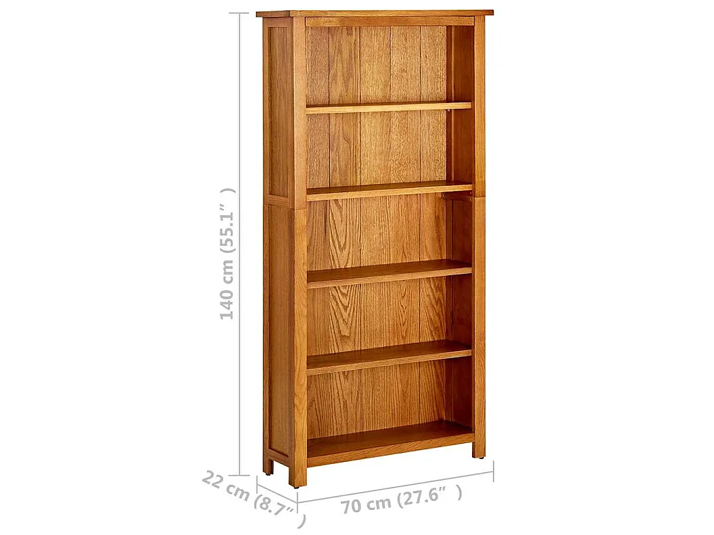 Bibliothèque à 5 étagères 70x22x140 cm en bois de chêne massif
