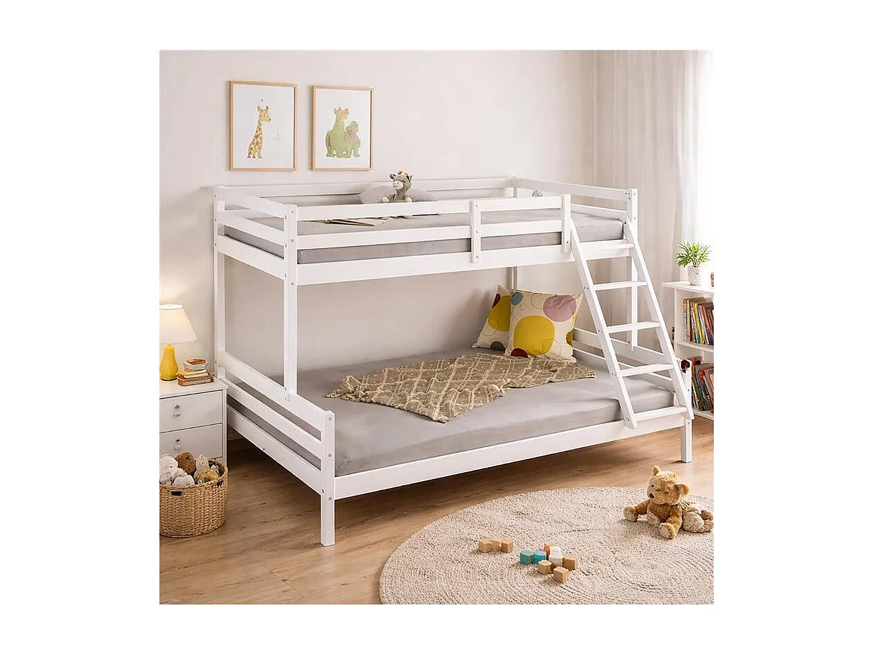 Lit superposé en bois massif avec 2 sommiers à lattes, coloris blanc - Longueur 209 x Profondeur 153 x Hauteur 144 cm