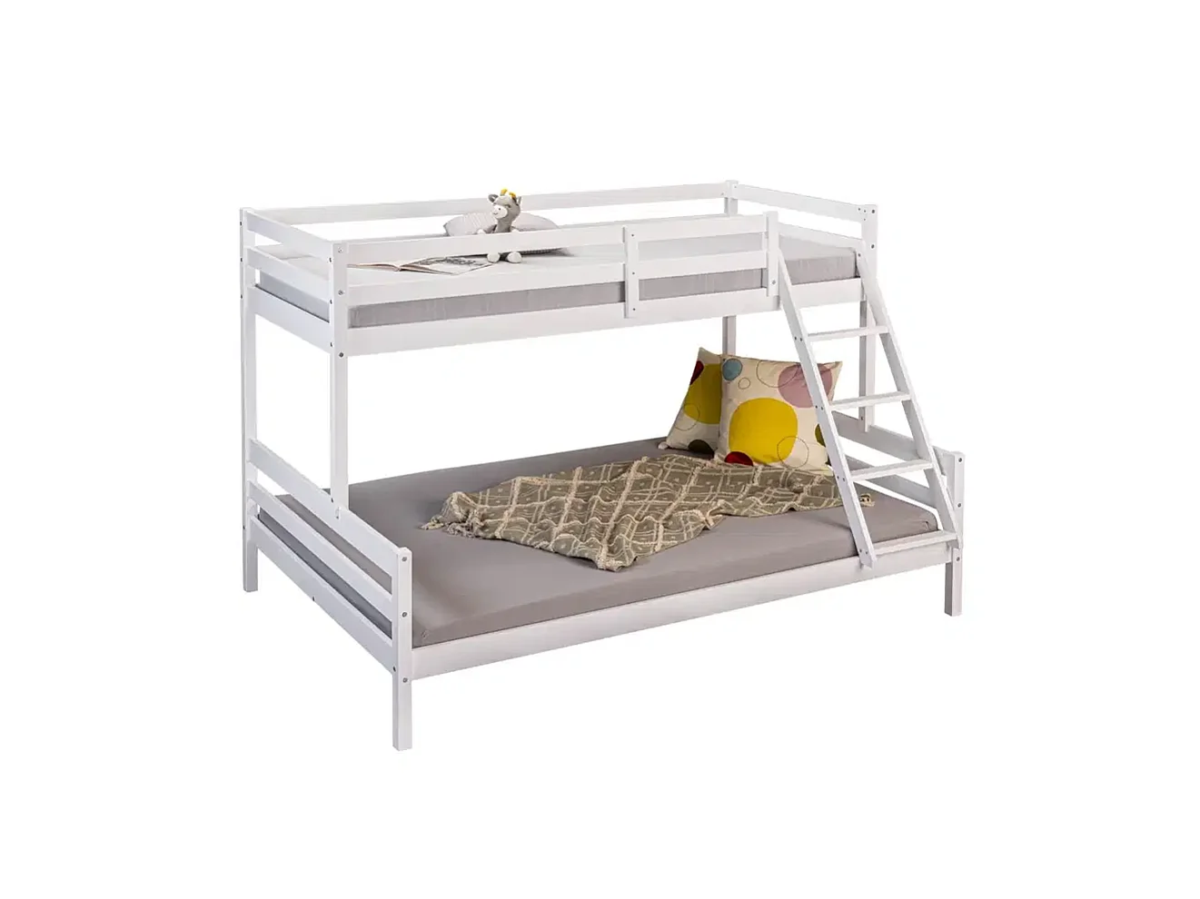 Lit superposé en bois massif avec 2 sommiers à lattes, coloris blanc - Longueur 209 x Profondeur 153 x Hauteur 144 cm