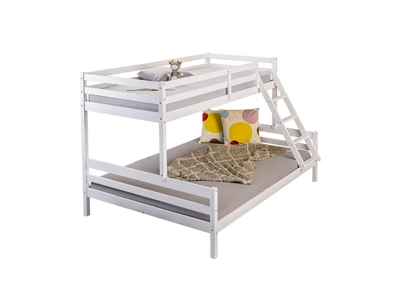 Lit superposé en bois massif avec 2 sommiers à lattes, coloris blanc - Longueur 209 x Profondeur 153 x Hauteur 144 cm