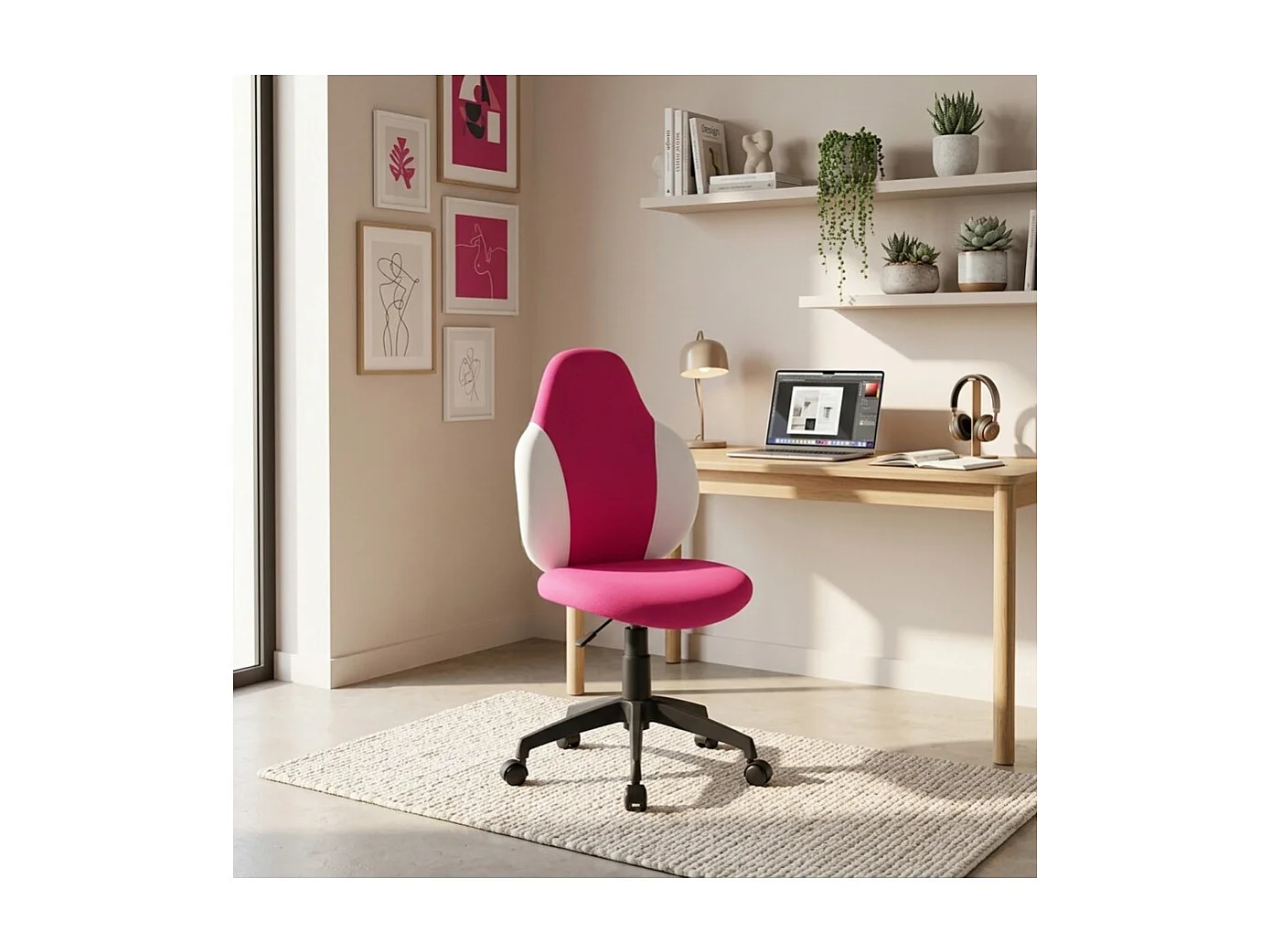 Chaise de Bureau Enfant Pivotante à Roulettes avec assise rembourrée, coloris Framboise / blanc - Longueur 52 x Profondeur 56 x Hauteur 103,5 cm