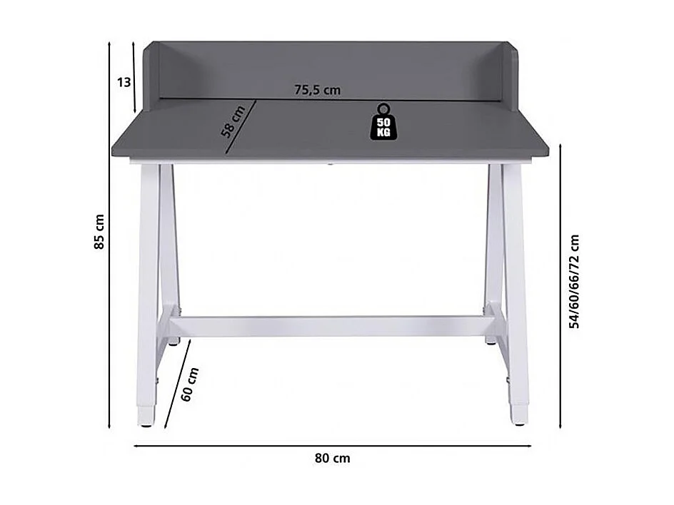 Bureau réglable pour enfant à structure métallique, coloris Gris/Blanc - Longueur 80 x Profondeur 60 x Hauteur 85 cm