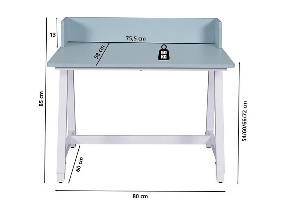 Bureau réglable pour enfant à structure métallique, coloris Bleu/Blanc - Longueur 80 x Profondeur 60 x Hauteur 85 cm