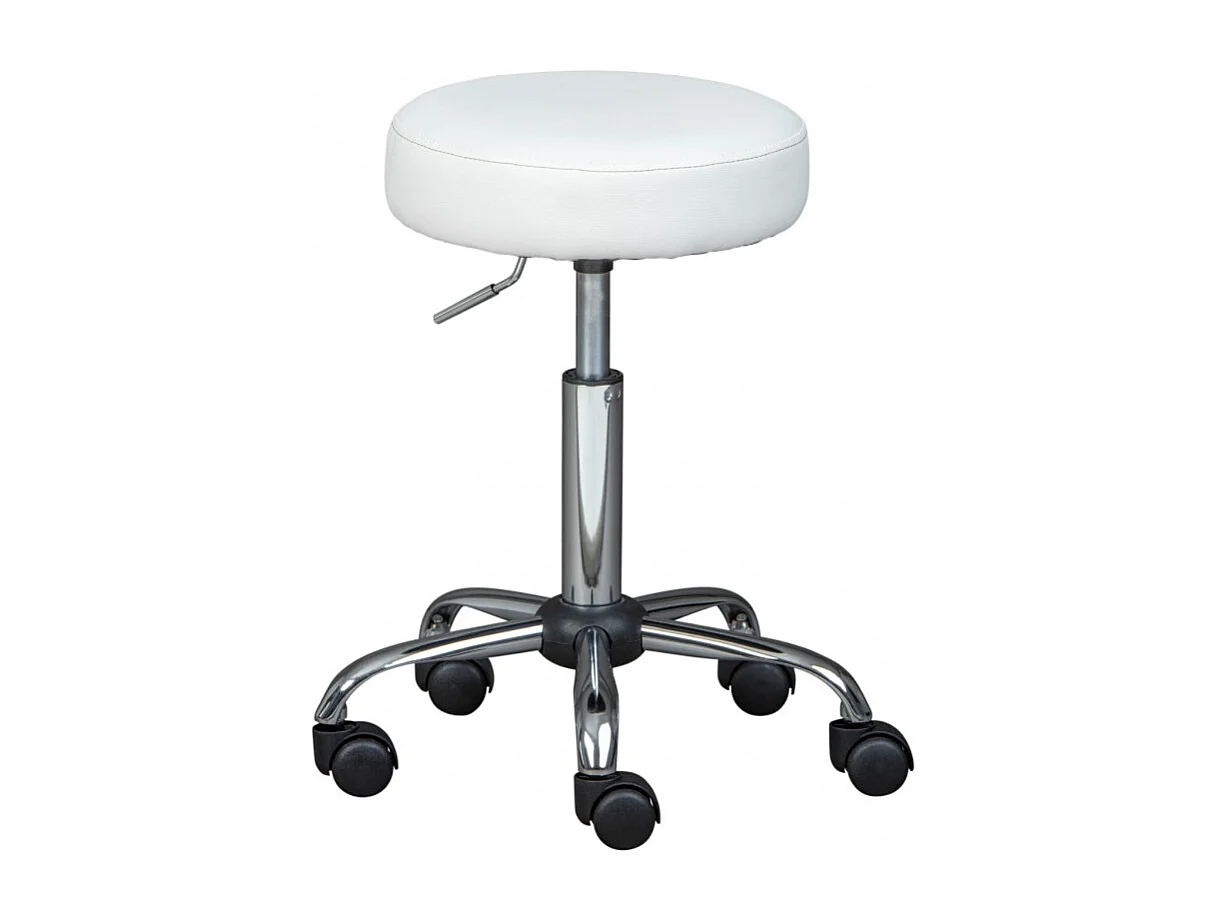 Tabouret chaise de Bureau Pivotant sur roulettes en Métal avec une Assise Blanche - Longueur 34 x Profondeur 34 x Hauteur 46 - 56 cm