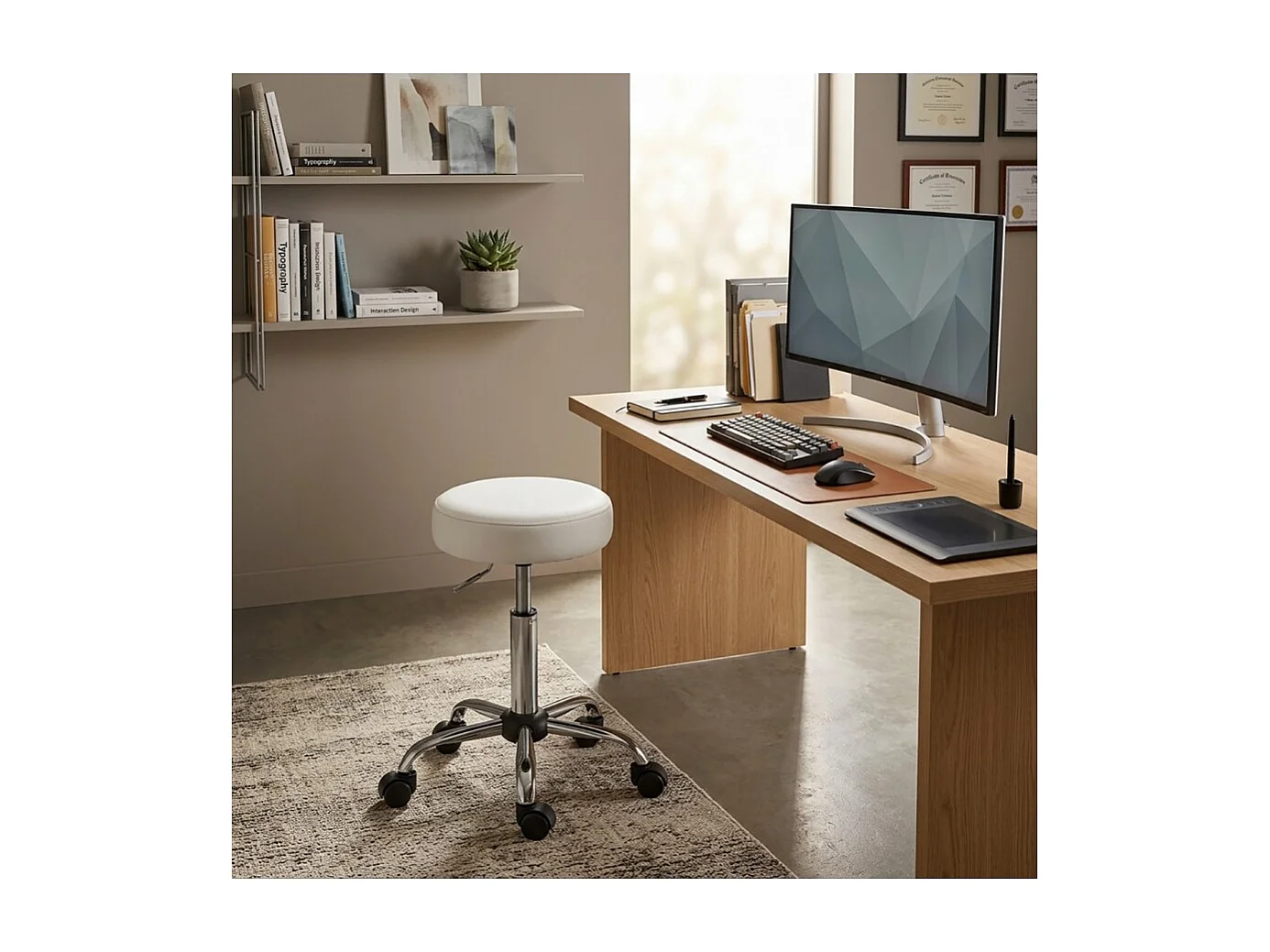 Tabouret chaise de Bureau Pivotant sur roulettes en Métal avec une Assise Blanche - Longueur 34 x Profondeur 34 x Hauteur 46 - 56 cm