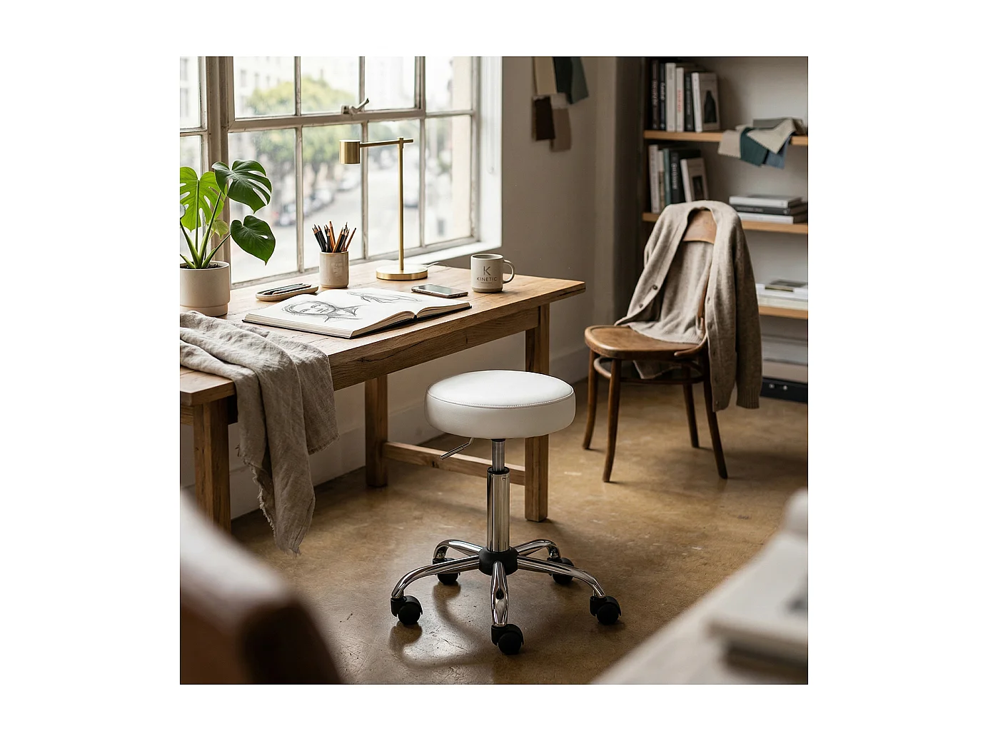 Tabouret chaise de Bureau Pivotant sur roulettes en Métal avec une Assise Blanche - Longueur 34 x Profondeur 34 x Hauteur 46 - 56 cm