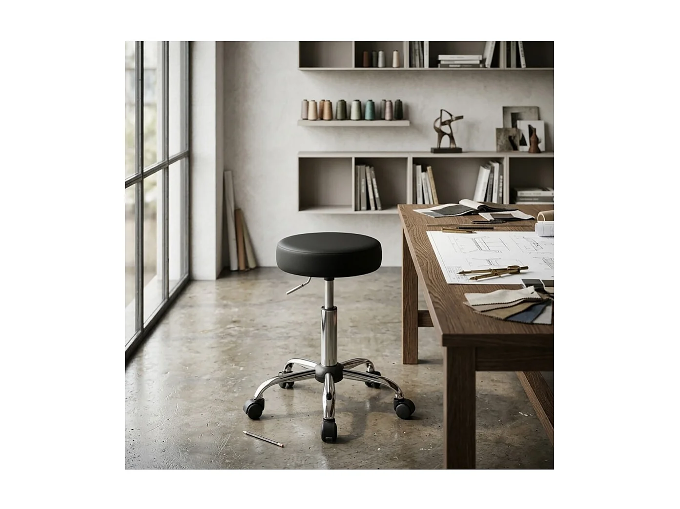 Tabouret chaise de Bureau Pivotant sur roulettes en Métal avec une Assise noire- Longueur 34 x Profondeur 34 x Hauteur 46 - 56 cm