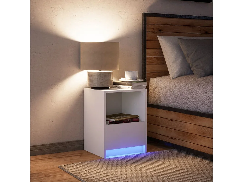 Mesita de noche con luces LED de tablero de madera blanca