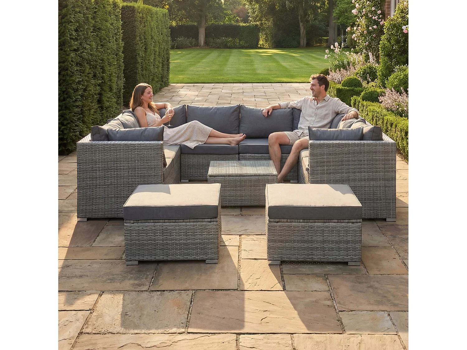 Oliena 10 Seat Modular Rattan Small U-Shape Garden Furniture