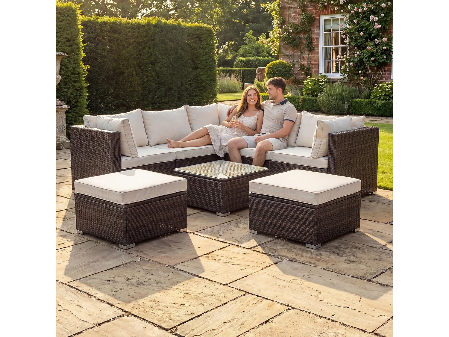 Oliena 7 Seat Modular Rattan L-Shaped Corner Garden Furniture