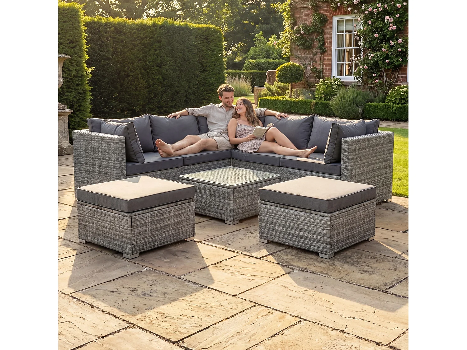 Oliena 7 Seat Modular Rattan L-Shaped Corner Garden Furniture