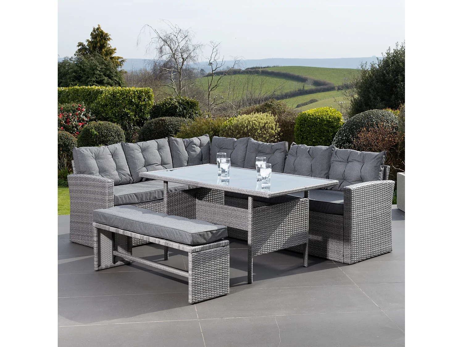 Piana Outdoor Rattan Corner Sofa with Table and Bench