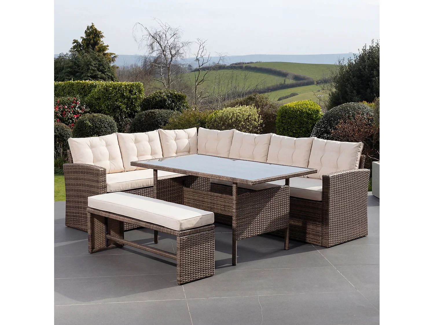 Piana Outdoor Rattan Corner Sofa with Table and Bench