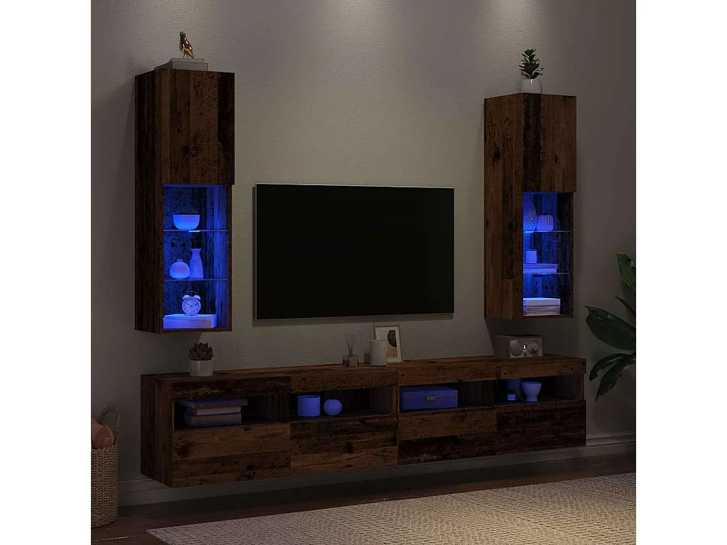 Muebles TV con luces LED 2 uds madera envejecida 30,5x30x102 cm