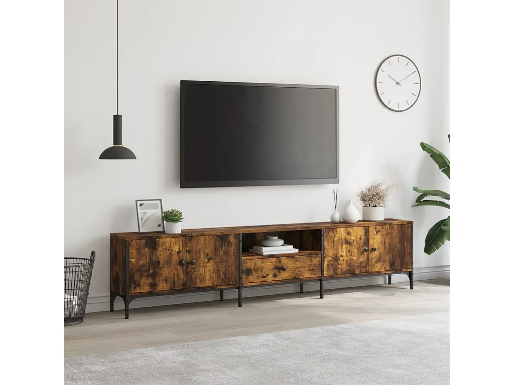 Mueble de TV cajón madera ingeniería roble ahumado 200x25x44 cm