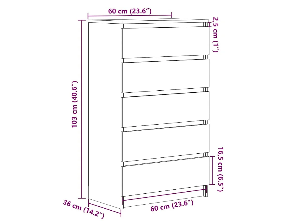 Cajonera de tablero de madera envejecida, 60 × 36 × 103 cm