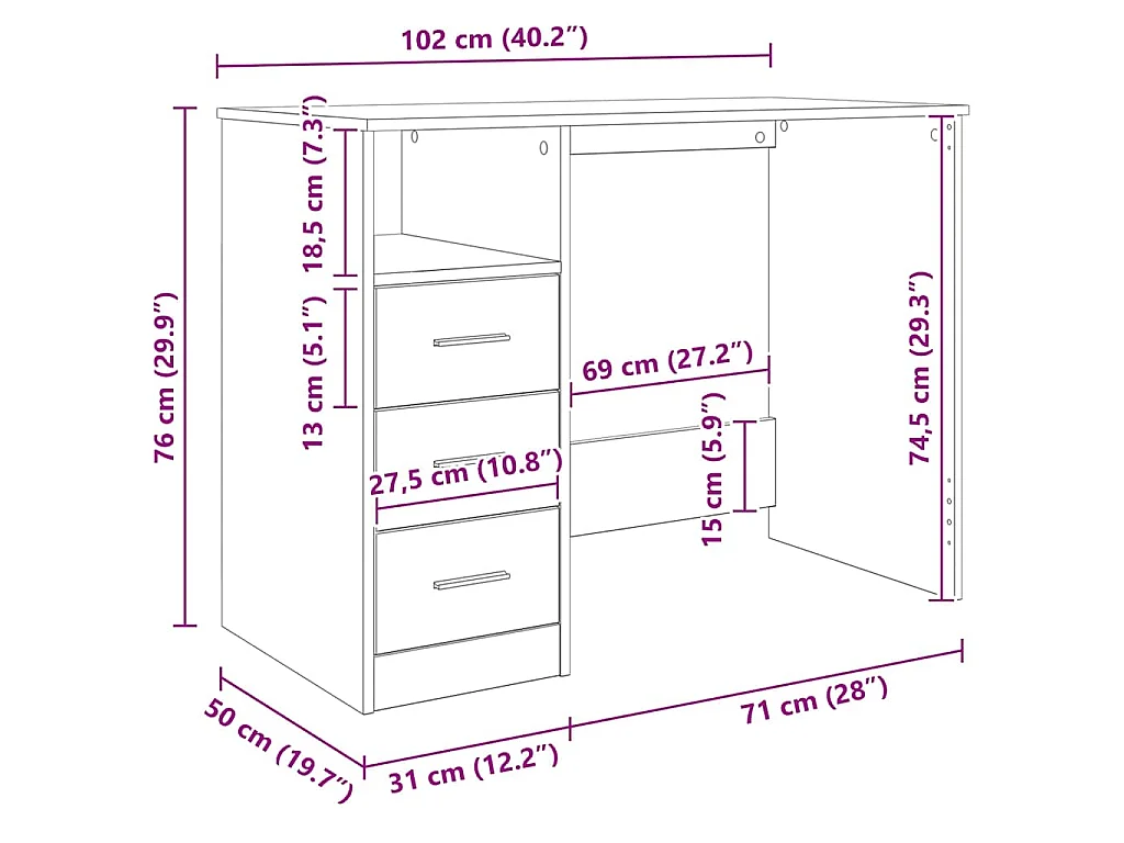 Bureau avec tiroirs blanc 102 x 50 x 76 cm panneau de bois