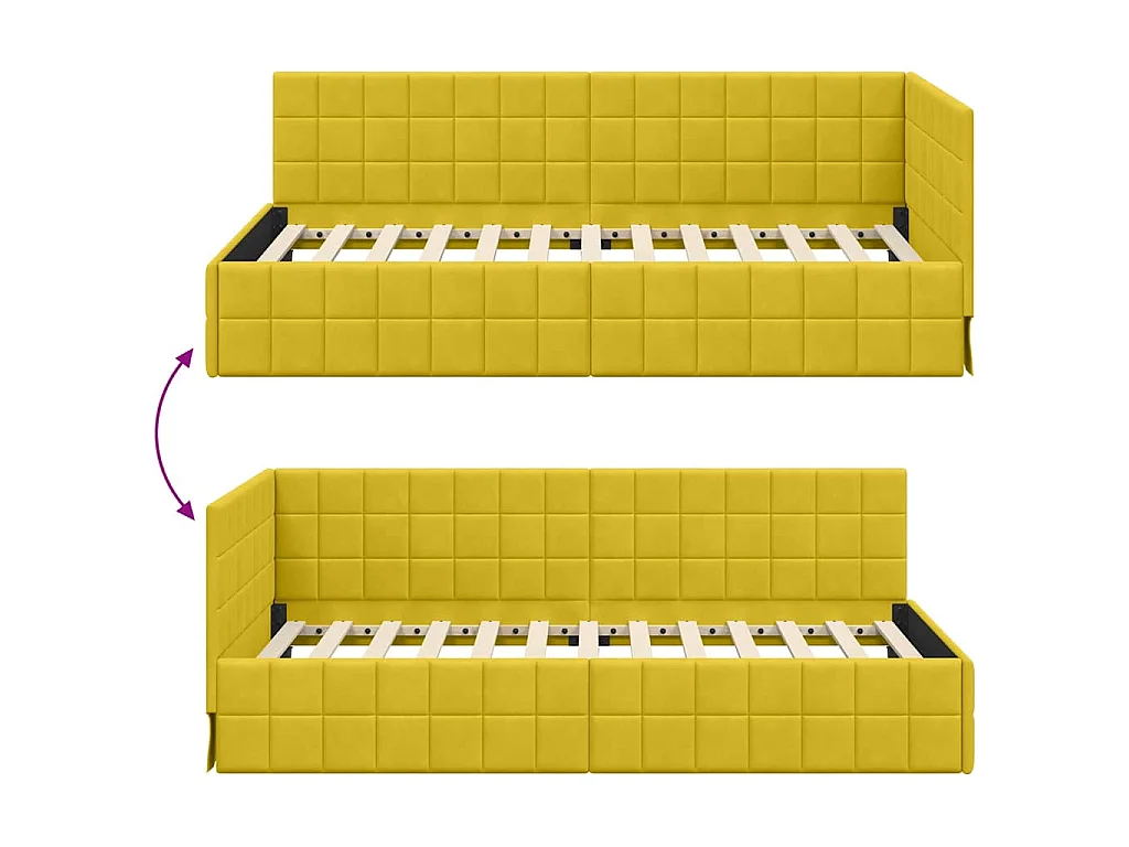 Estructura de cama en esquina de terciopelo amarillo para dormitorio, 90 × 190 cm
