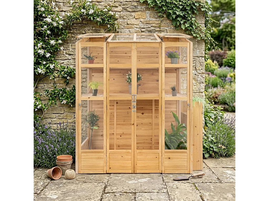 Serre de Jardin Adossée Bois Naturel 2 x 1,55 m Accessible Haut Mur Auto-Vent