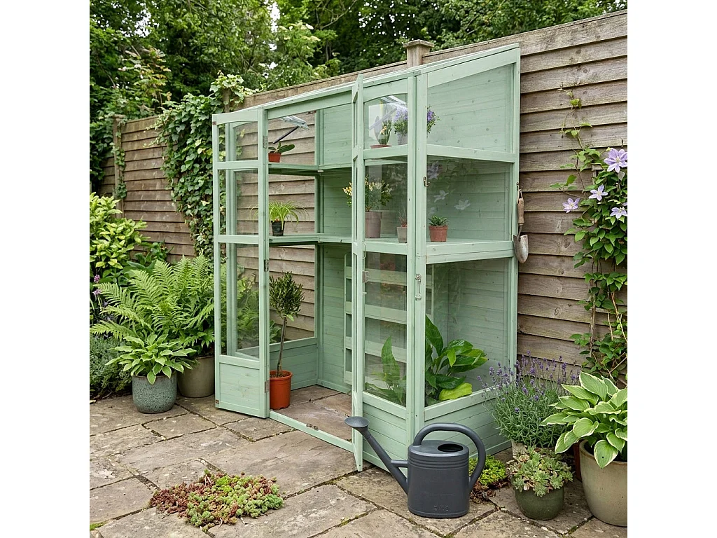 Serre de Jardin Adossée Bois Vert 2 x 1,55 m Accessible Haut Mur Auto-Vent