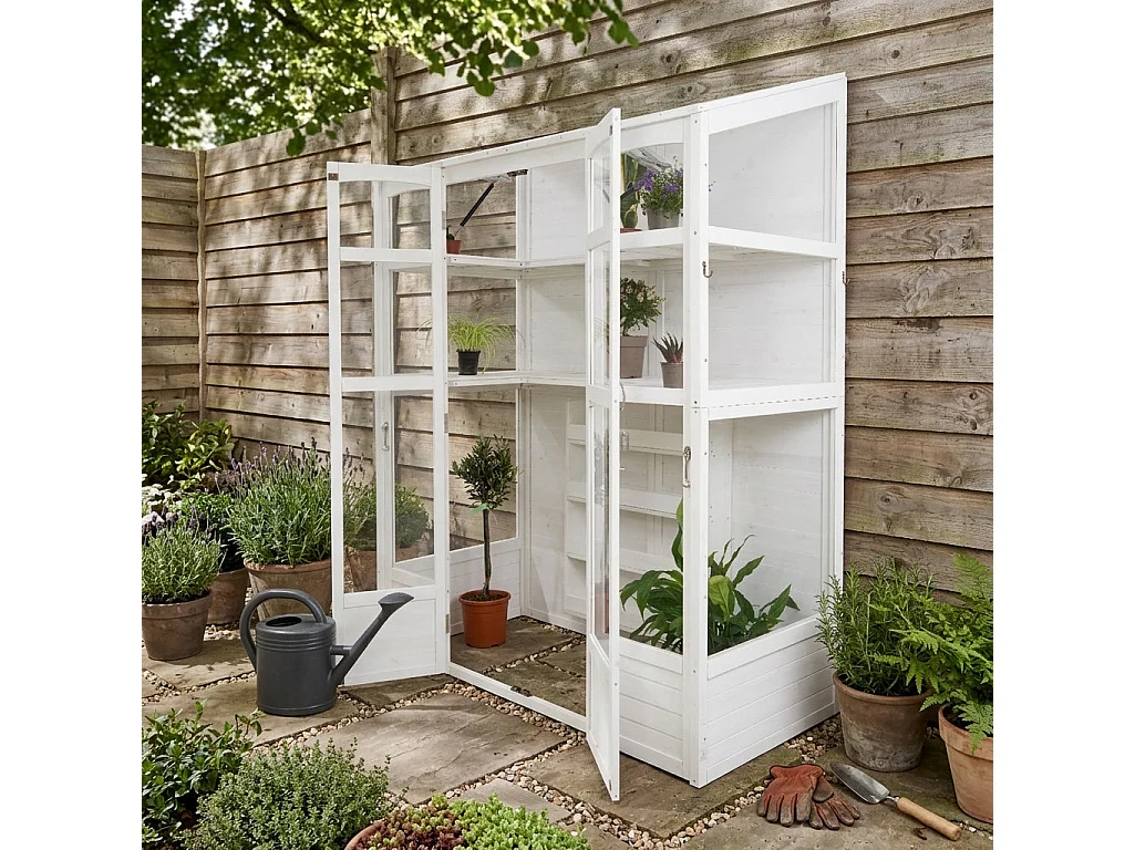 Serre de Jardin Adossée Bois Blanc 2 x 1,55 m Accessible Haut Mur Auto-Vent