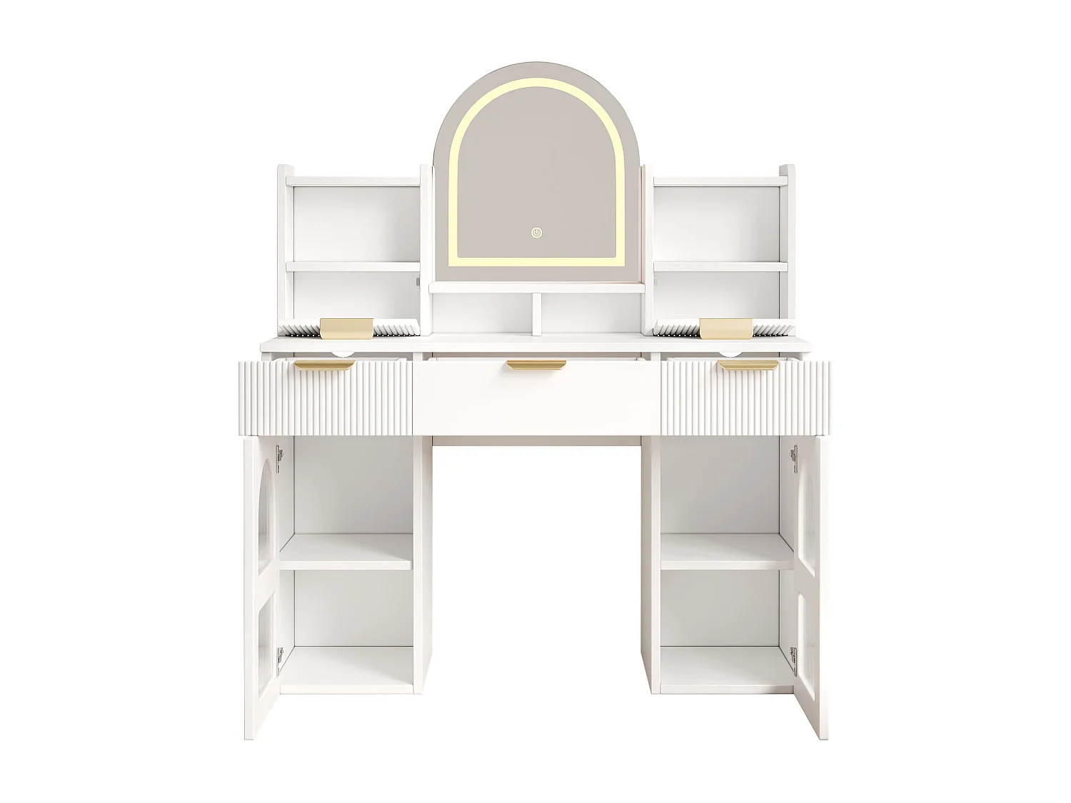 Penteadeira para quarto - 120 x 40 x 139,5 cm - com LEDs + espelho + 3 gavetas + 2 portas de vidro + prateleiras - MDF - branca