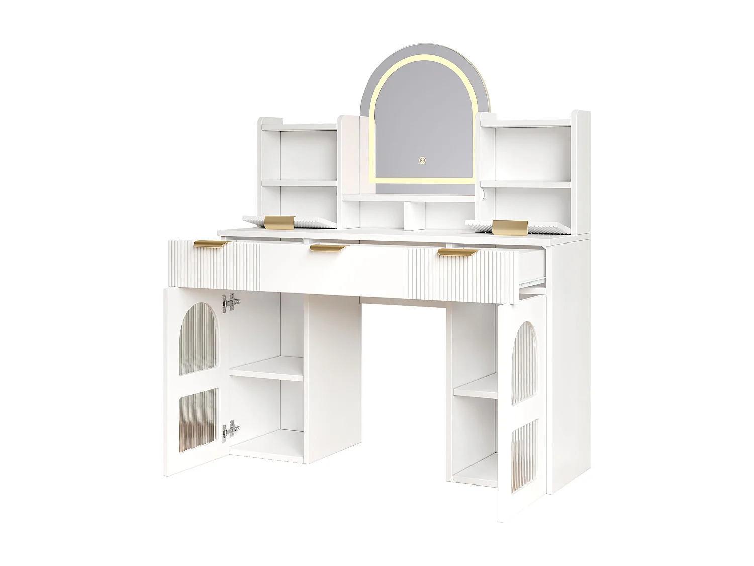 Penteadeira para quarto - 120 x 40 x 139,5 cm - com LEDs + espelho + 3 gavetas + 2 portas de vidro + prateleiras - MDF - branca