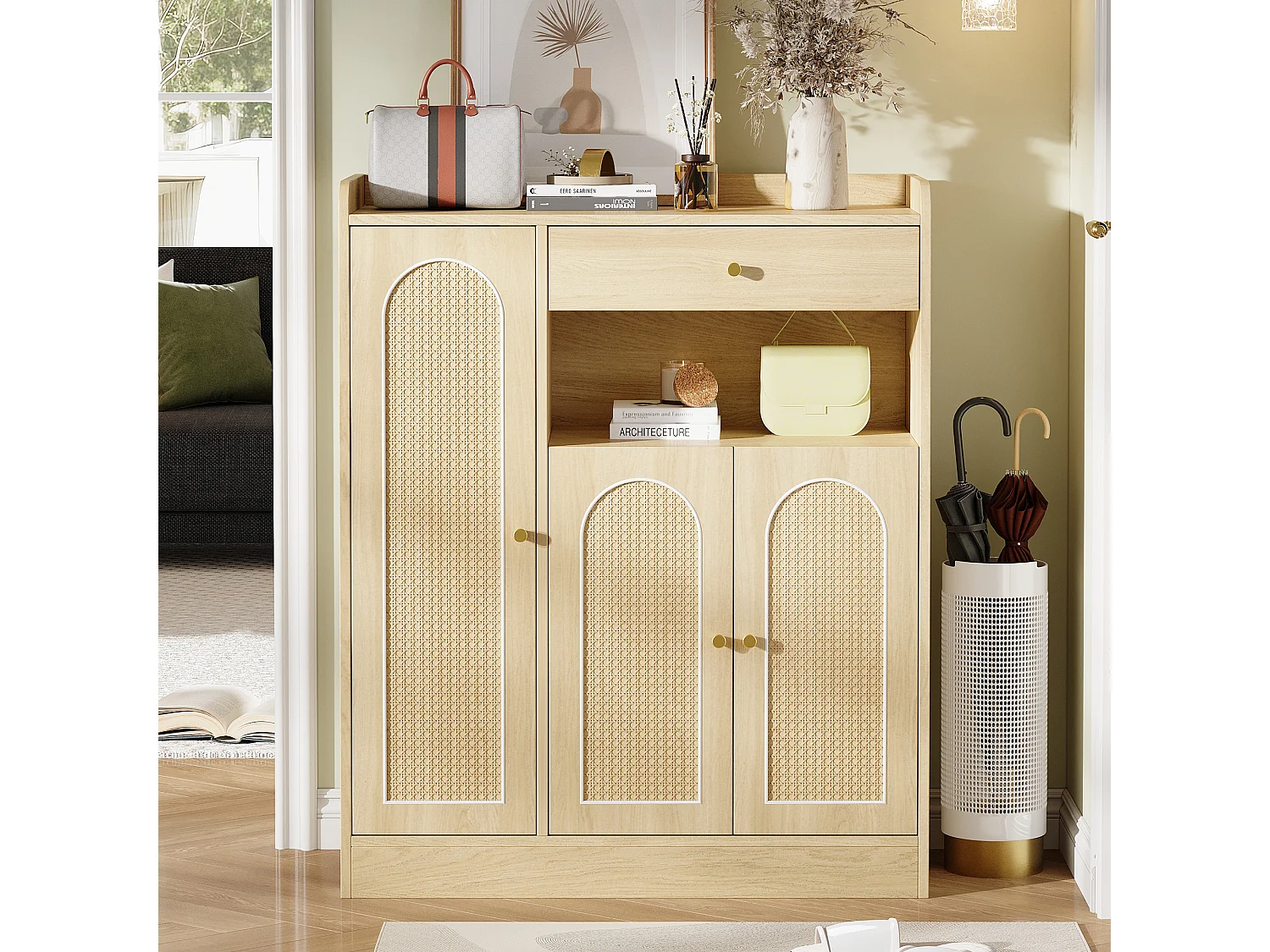 Rattan-Schuhschrank für den Eingangsbereich – 90 x 35 x 110 cm – mit 1 Schublade, 3 Türen und Einlegeböden – MDF und Spanplatte – natur