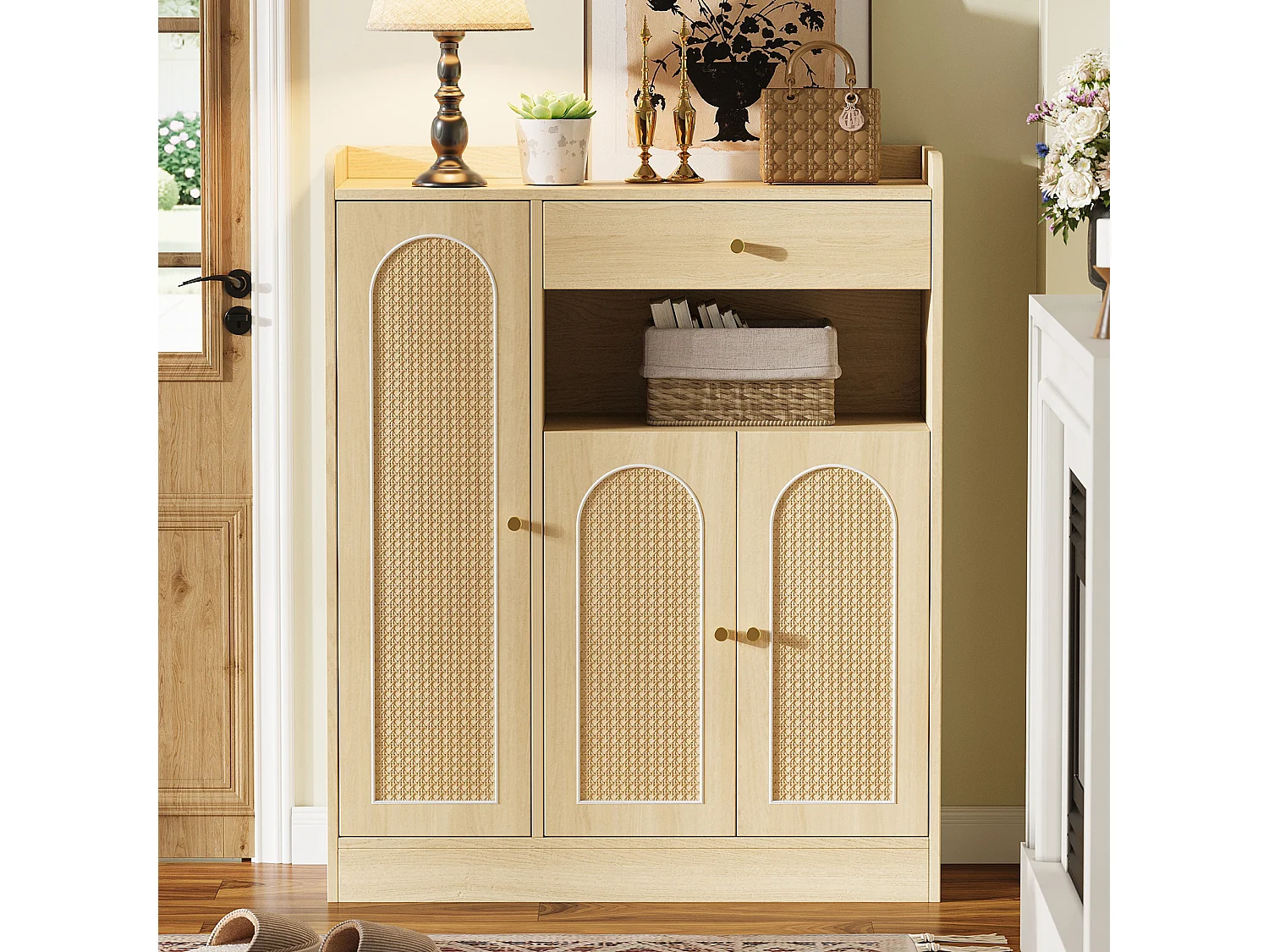 Rattan-Schuhschrank für den Eingangsbereich – 90 x 35 x 110 cm – mit 1 Schublade, 3 Türen und Einlegeböden – MDF und Spanplatte – natur