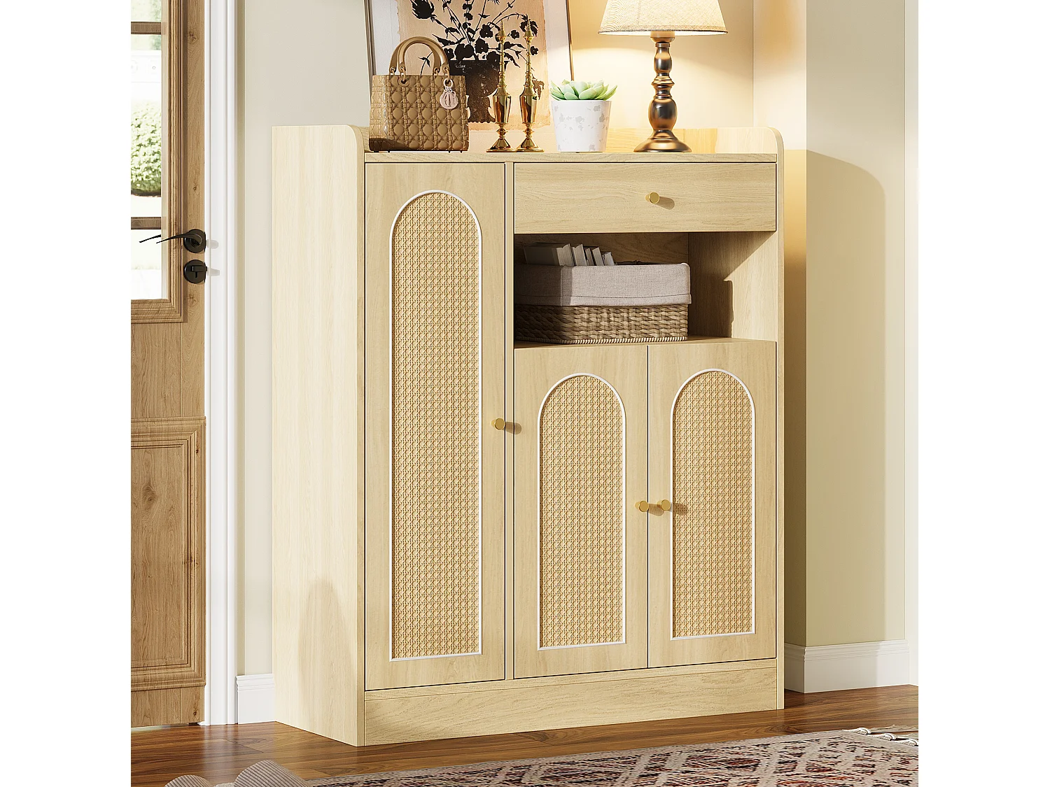 Rattan-Schuhschrank für den Eingangsbereich – 90 x 35 x 110 cm – mit 1 Schublade, 3 Türen und Einlegeböden – MDF und Spanplatte – natur