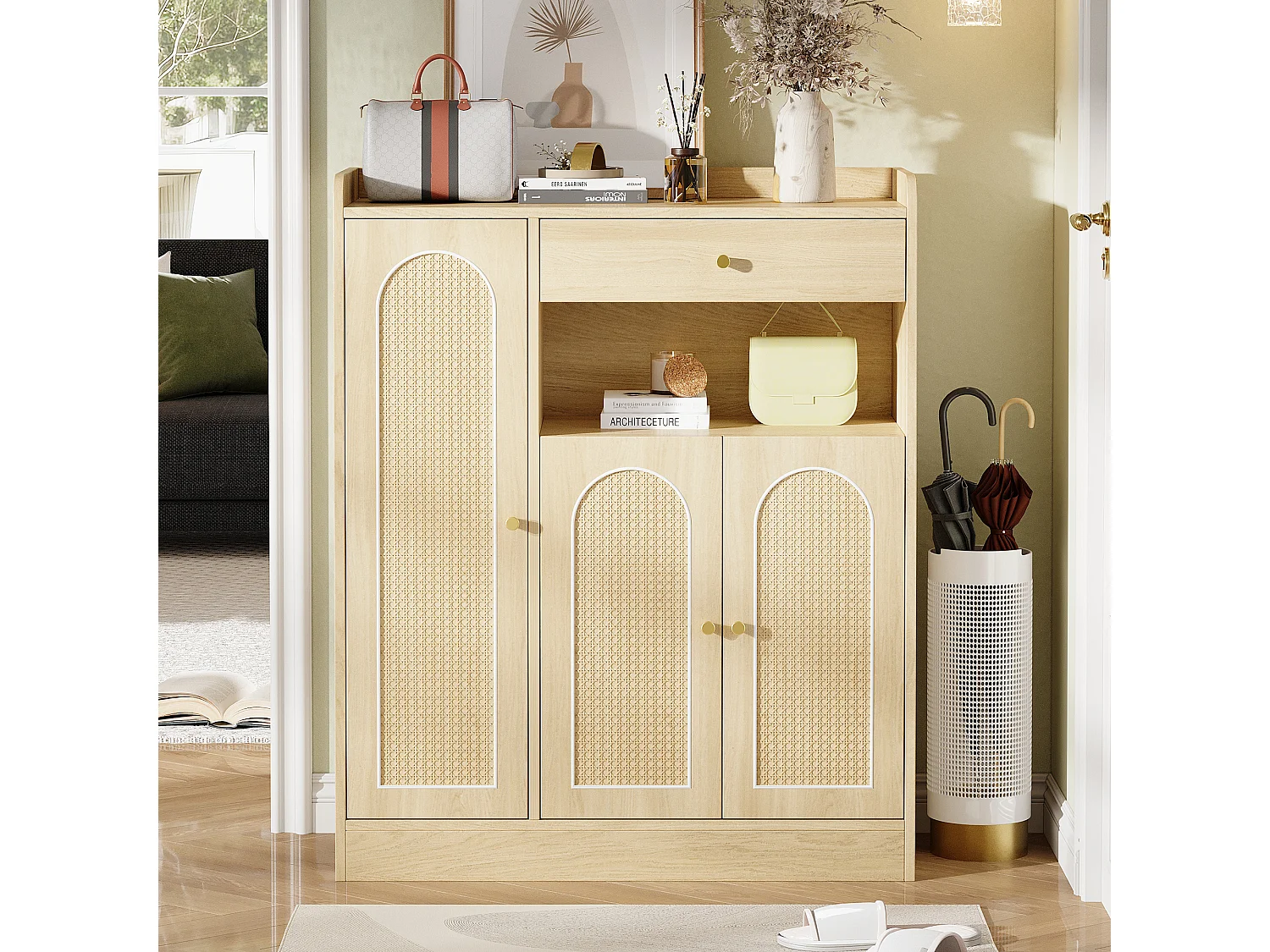 Rattan-Schuhschrank für den Eingangsbereich – 90 x 35 x 110 cm – mit 1 Schublade, 3 Türen und Einlegeböden – MDF und Spanplatte – natur