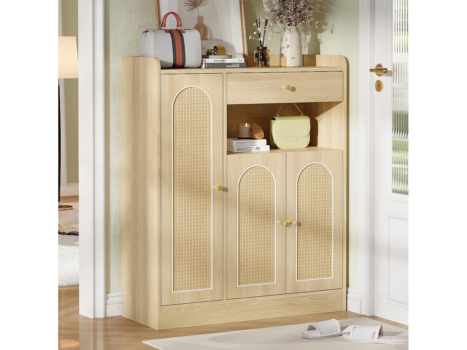 Rattan-Schuhschrank für den Eingangsbereich – 90 x 35 x 110 cm – mit 1 Schublade, 3 Türen und Einlegeböden – MDF und Spanplatte – natur