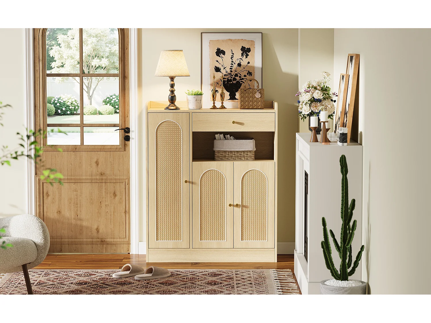 Rattan-Schuhschrank für den Eingangsbereich – 90 x 35 x 110 cm – mit 1 Schublade, 3 Türen und Einlegeböden – MDF und Spanplatte – natur