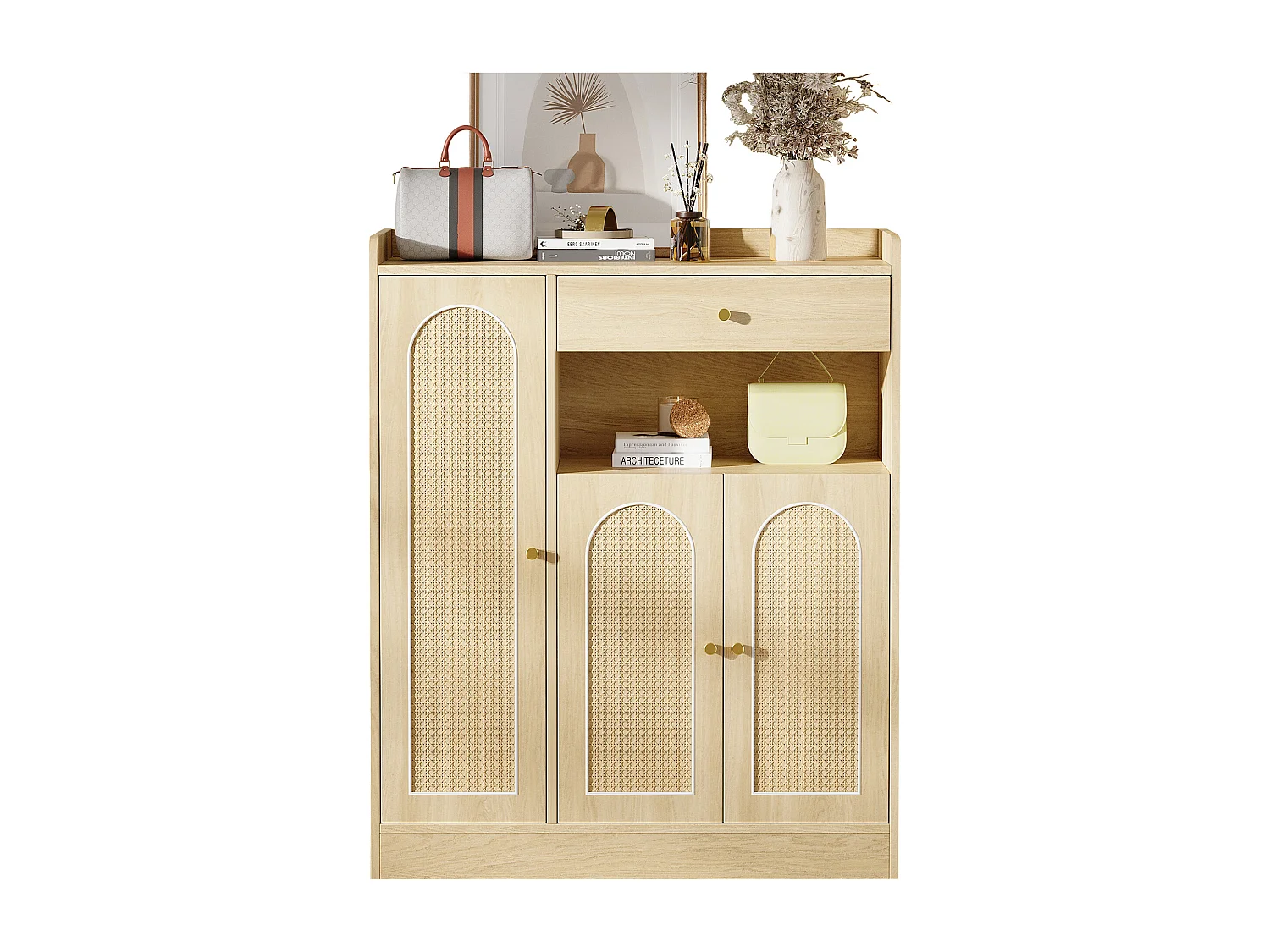 Rattan-Schuhschrank für den Eingangsbereich – 90 x 35 x 110 cm – mit 1 Schublade, 3 Türen und Einlegeböden – MDF und Spanplatte – natur