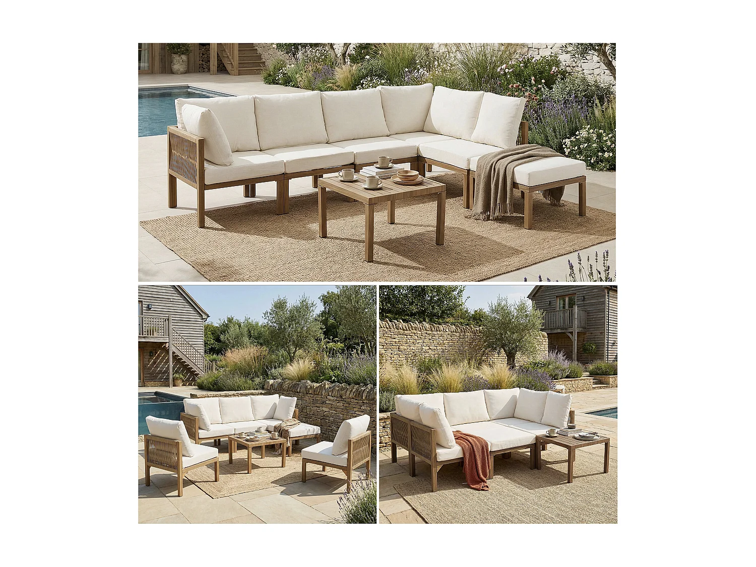 Zestaw mebli ogrodowych modułowych - z sofą narożną + 1 pufą + 1 stolikiem - rozkładany do spania - Poliester - beżowy