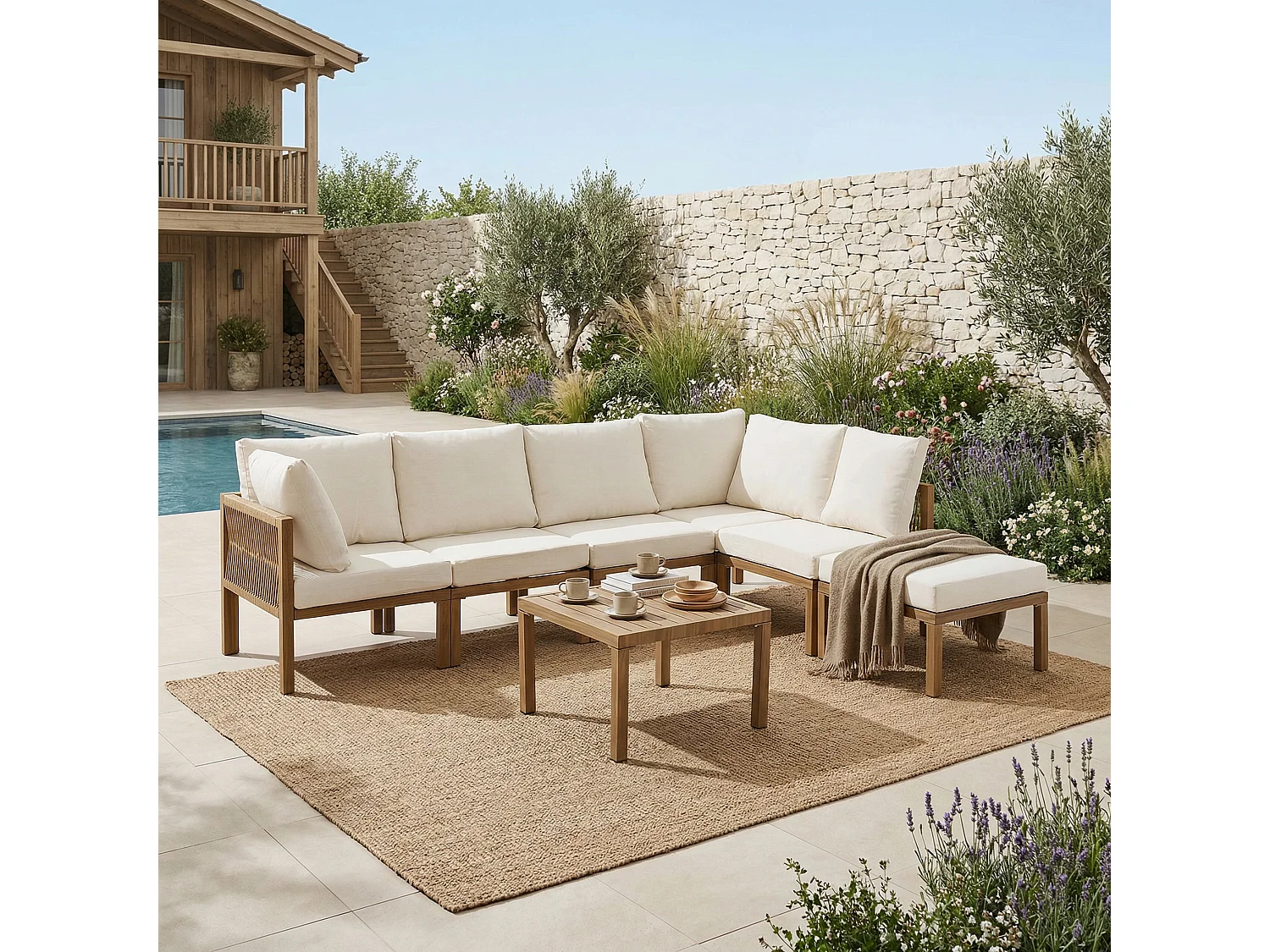 Zestaw mebli ogrodowych modułowych - z sofą narożną + 1 pufą + 1 stolikiem - rozkładany do spania - Poliester - beżowy