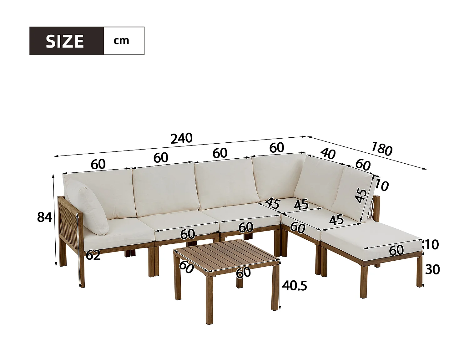 Zestaw mebli ogrodowych modułowych - z sofą narożną + 1 pufą + 1 stolikiem - rozkładany do spania - Poliester - beżowy