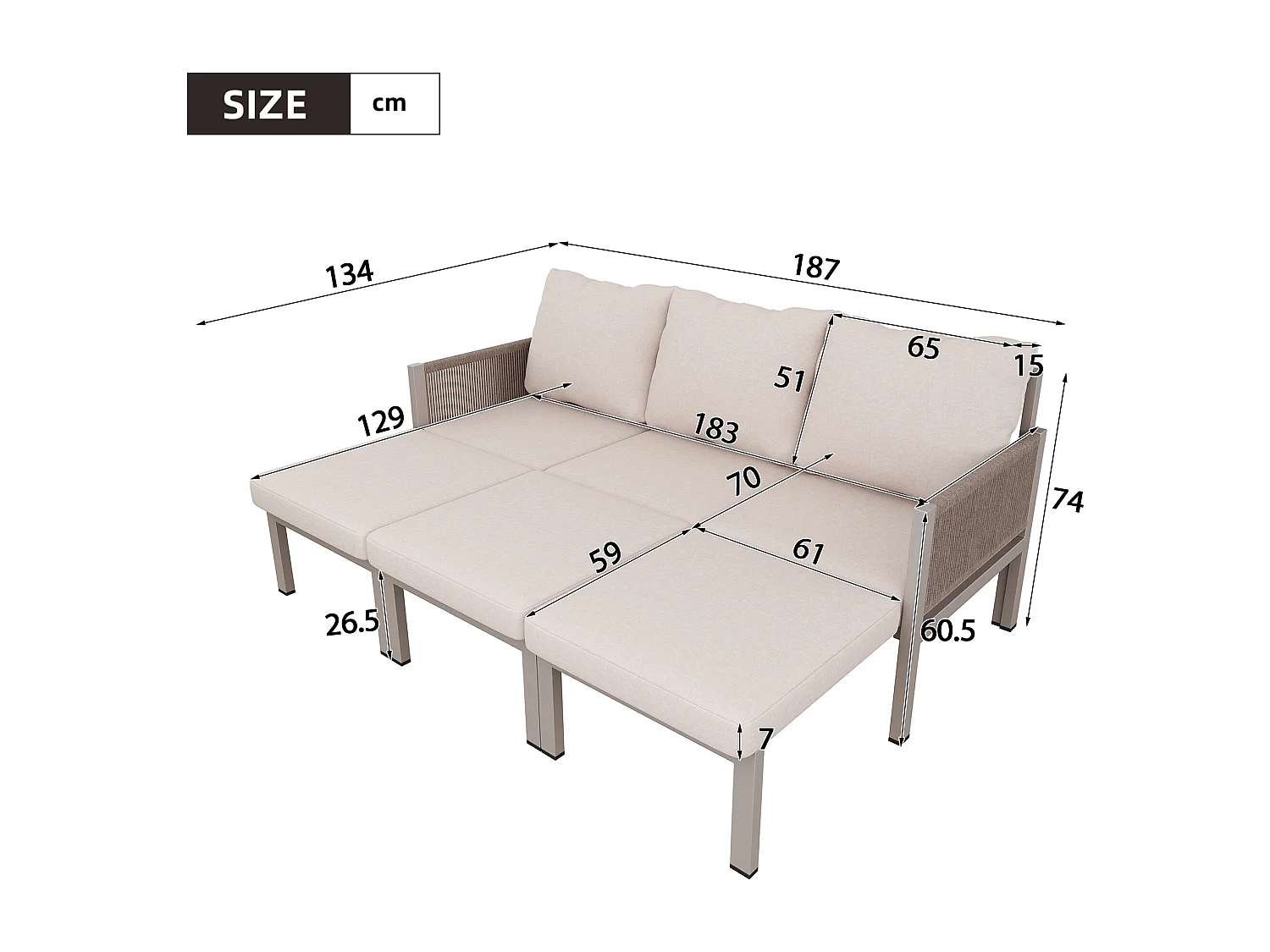 Havemøbelsæt - 3-personers sofa, der kan laves om til chaiselong - galvaniseret jern - khaki